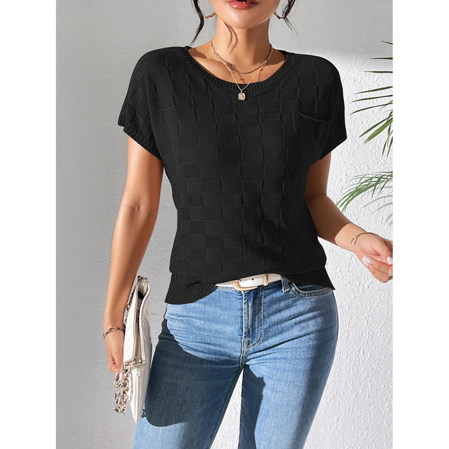 Round Neck Short Sleeve Knit Top