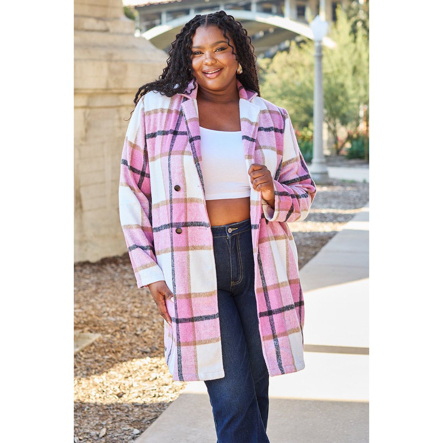 Double Take Full Size Plaid Button Up Lapel Collar Coat