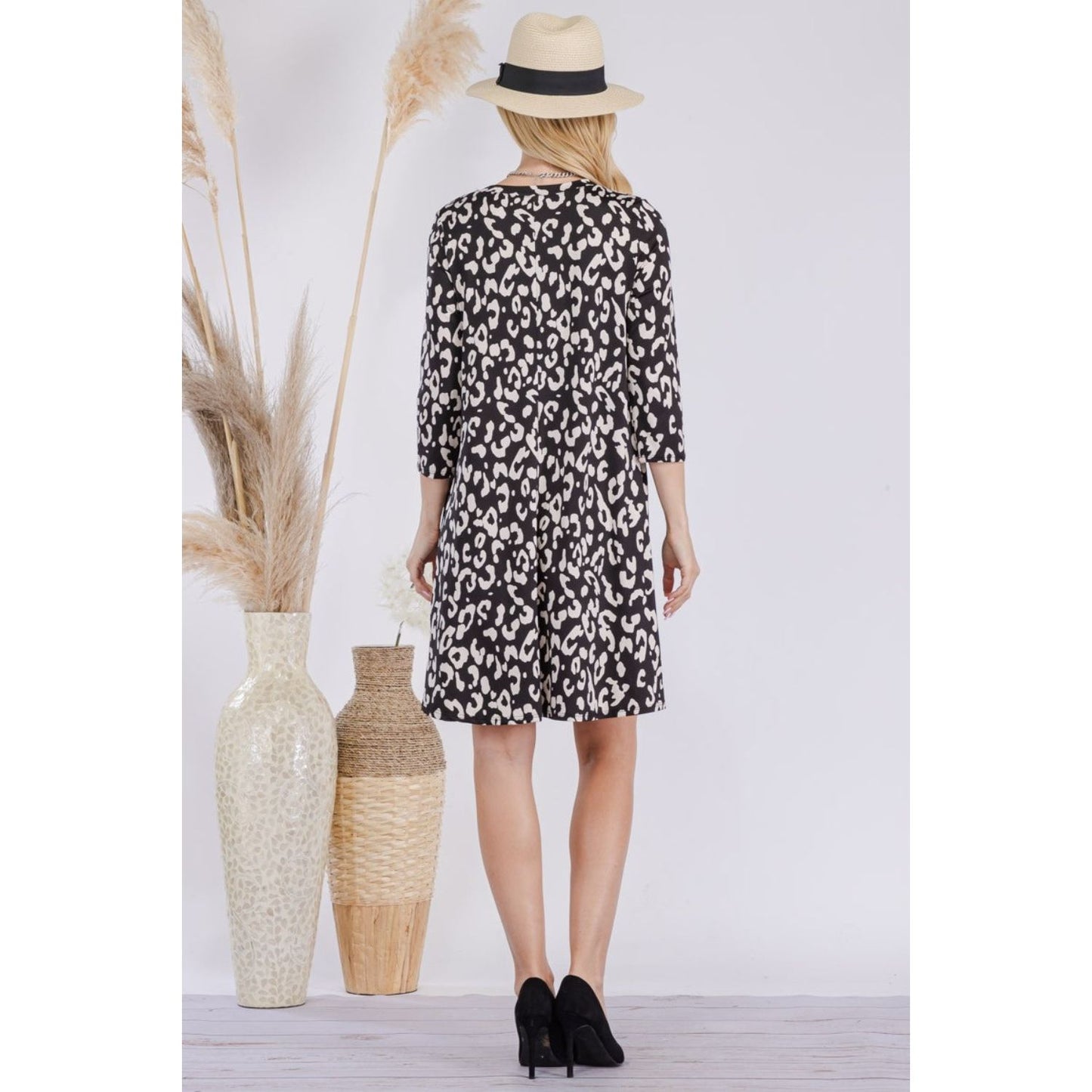 Celeste Full Size Leopard Three-Quarter Sleeve Dress with Pockets