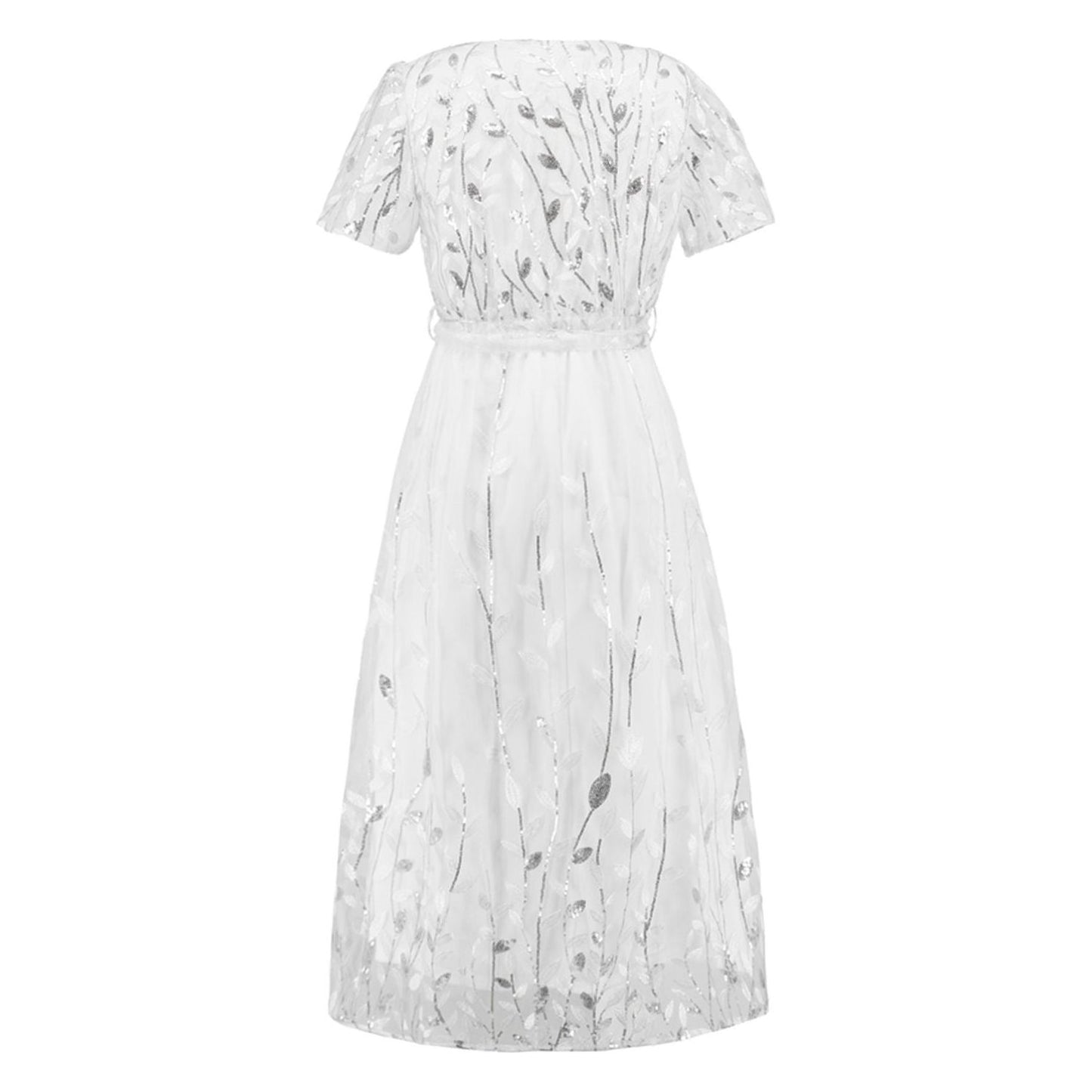 Sequin Leaf Embroidery Tie Front Short Sleeve Dress