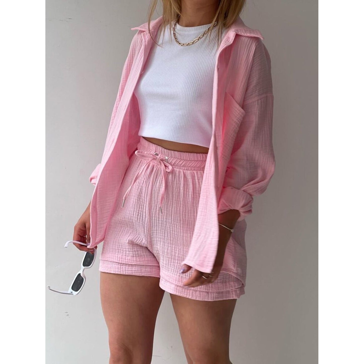 Texture Button Up Shirt and Drawstring Shorts Set