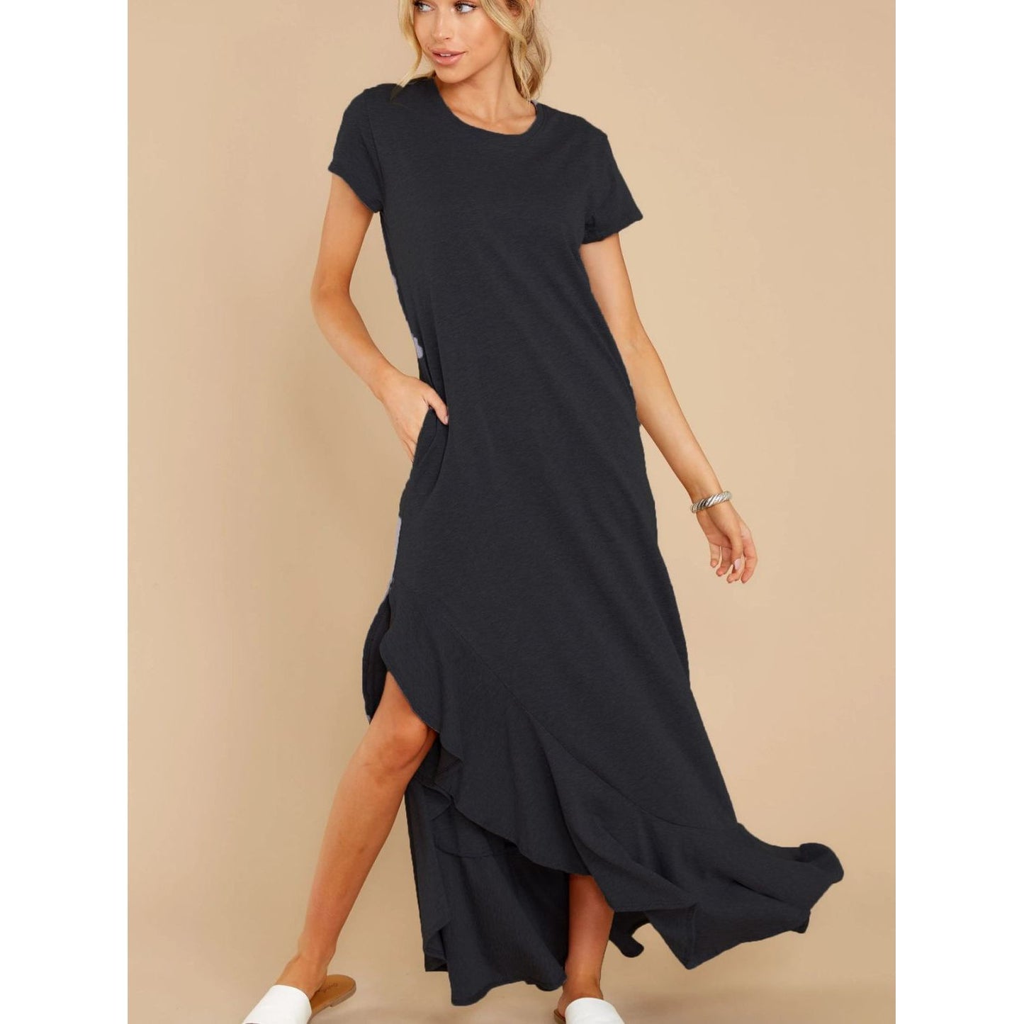 Slit Round Neck Short Sleeve Maxi Dress