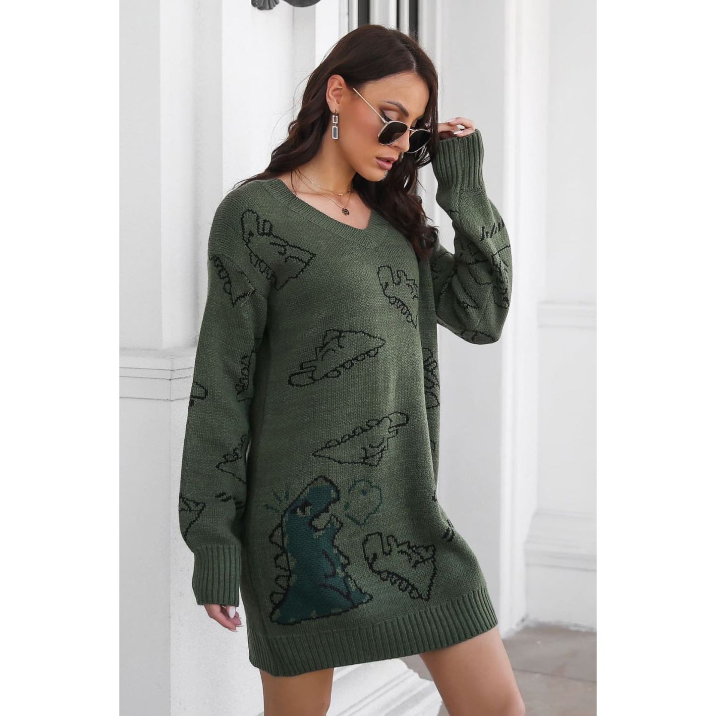 Dinosaur Pattern V-Neck Sweater Dress