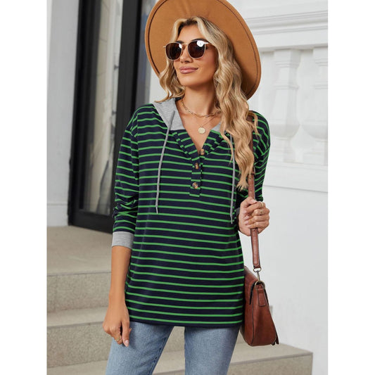 Drawstring Striped Long Sleeve Hoodie