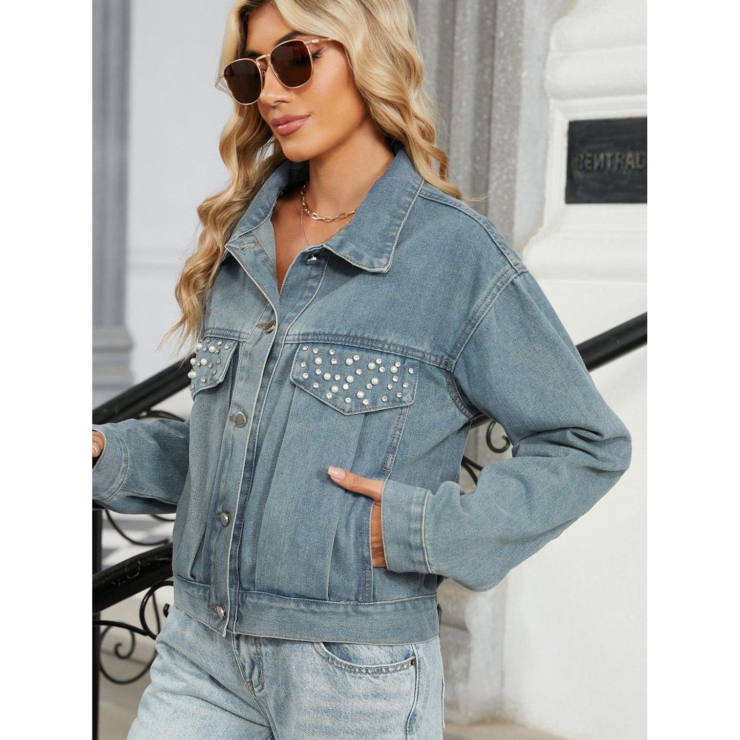 Rhinestone & Peal Trim Button Down Long Sleeve Denim Jacket