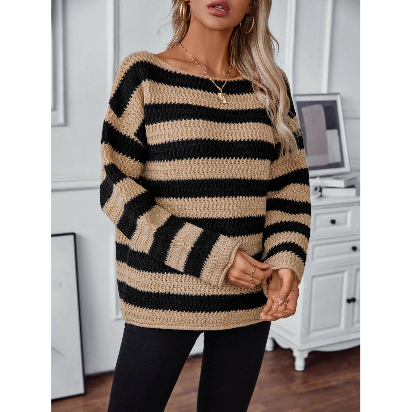 Striped Dropped Shoulder Long Sleeve Sweater