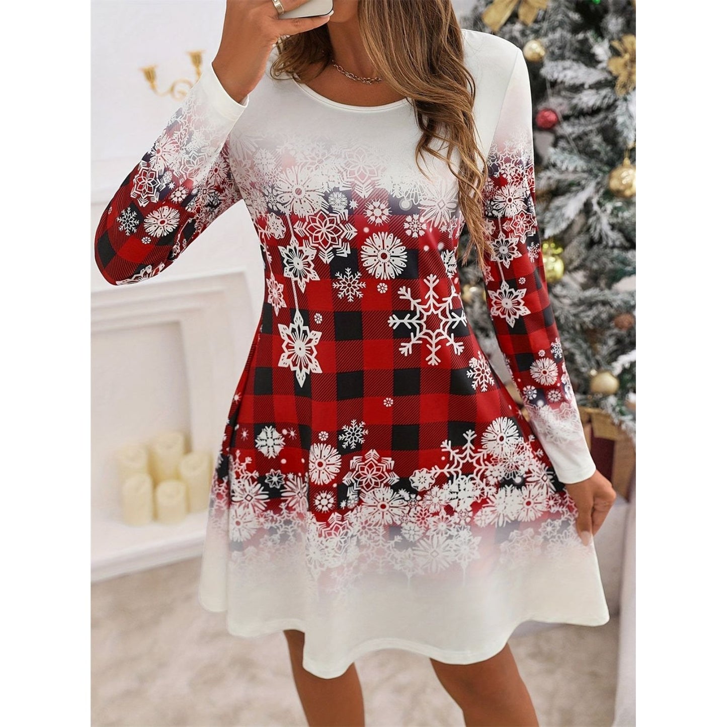 Snowflakes Plaid Round Neck Long Sleeve Dress