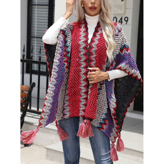 Striped Open Front Poncho with Tassels