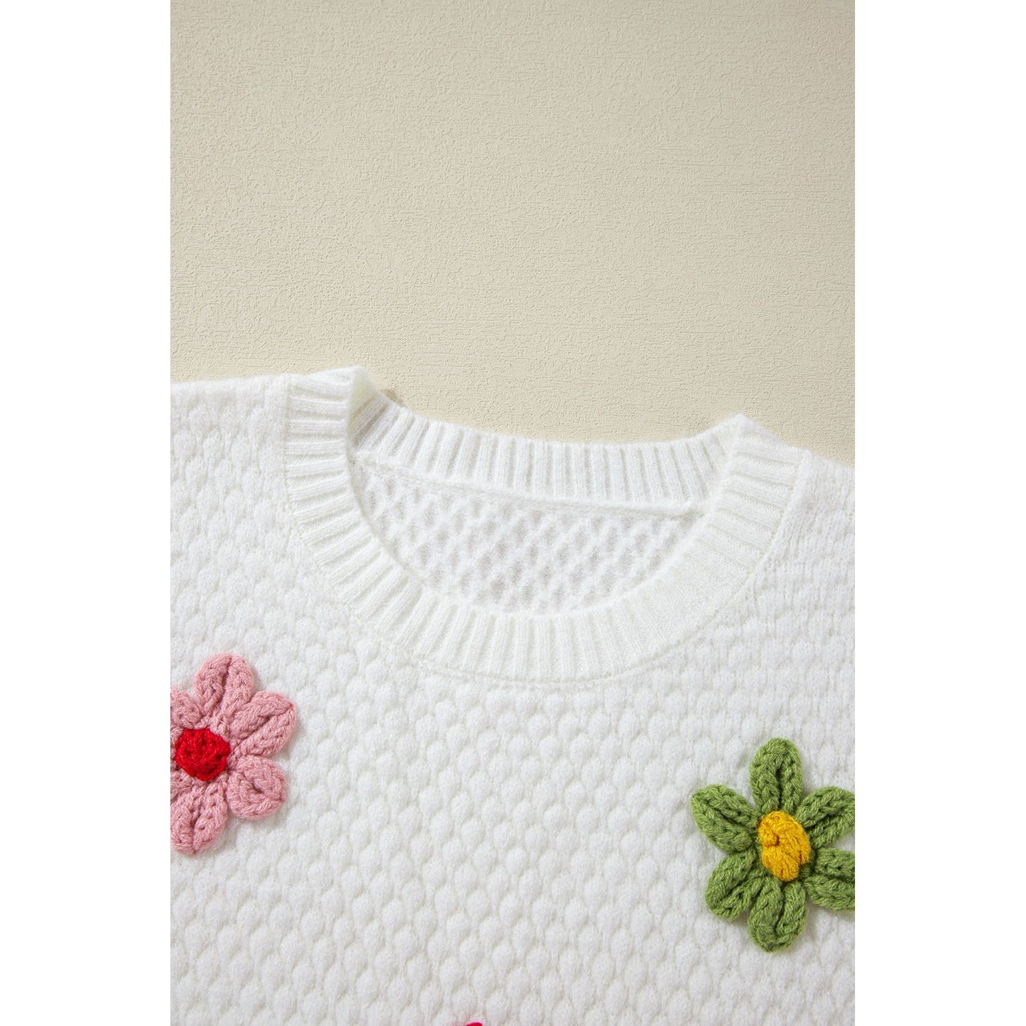 Crochet Flower Round Neck Long Sleeve Sweater