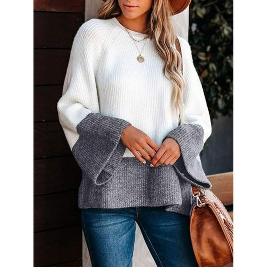 Contrast Round Neck Long Sleeve Sweater