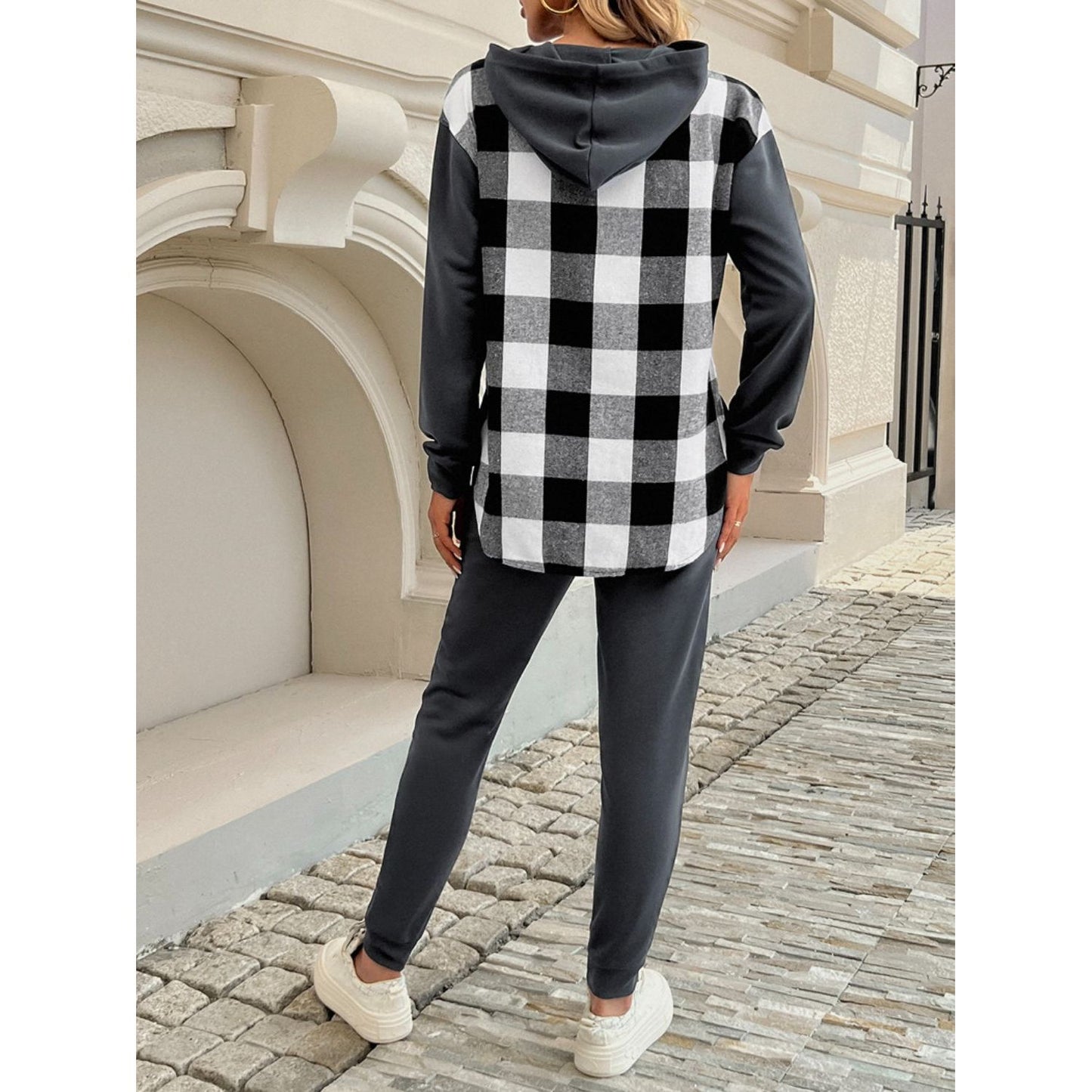 Devine Plaid Long Sleeve Hooded Top and Pants Set