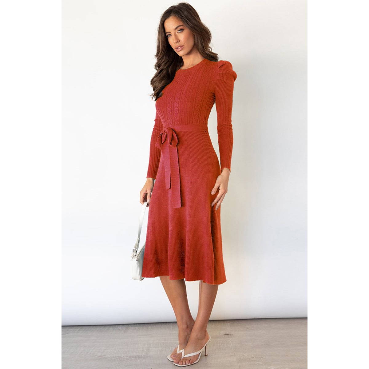 Round Neck Long Sleeve Tie Waist Sweater Dress