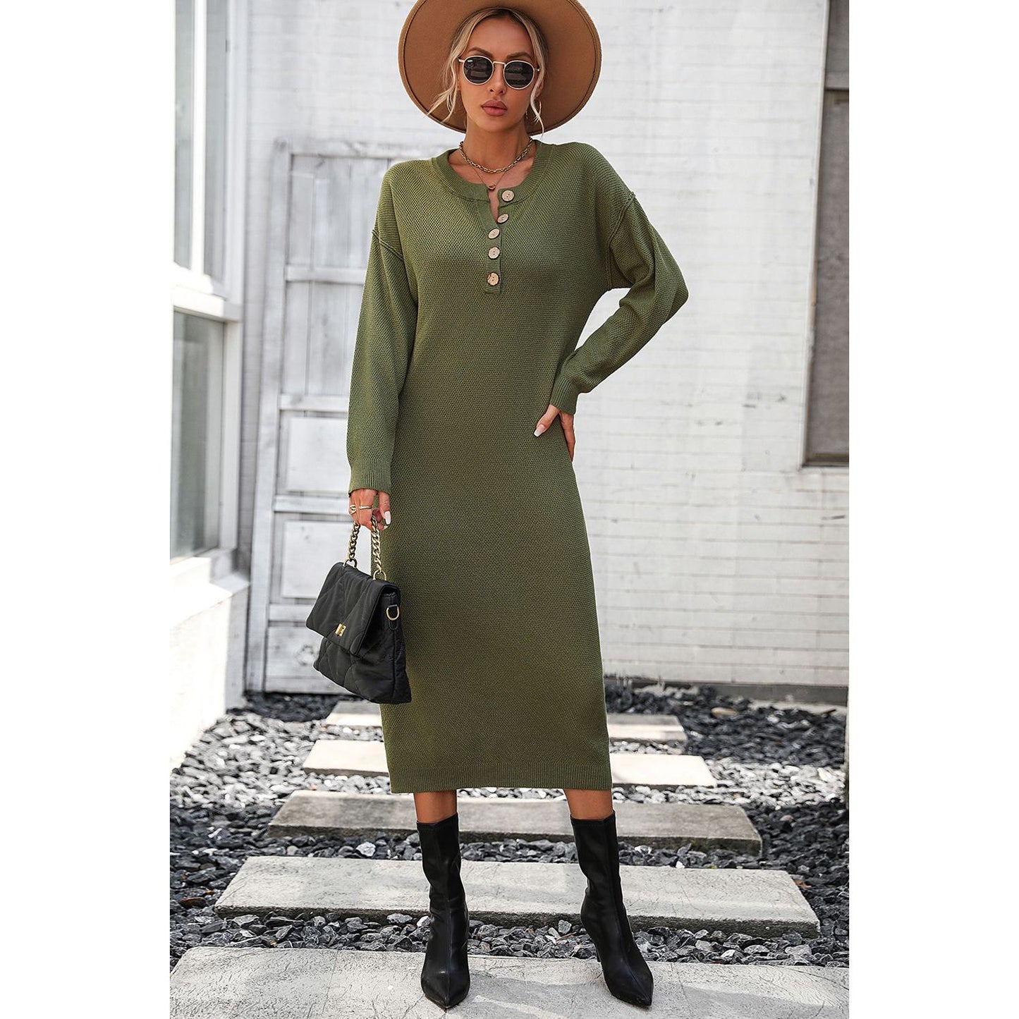 Decorative Button Notched Dropped Shoulder Sweater Dress