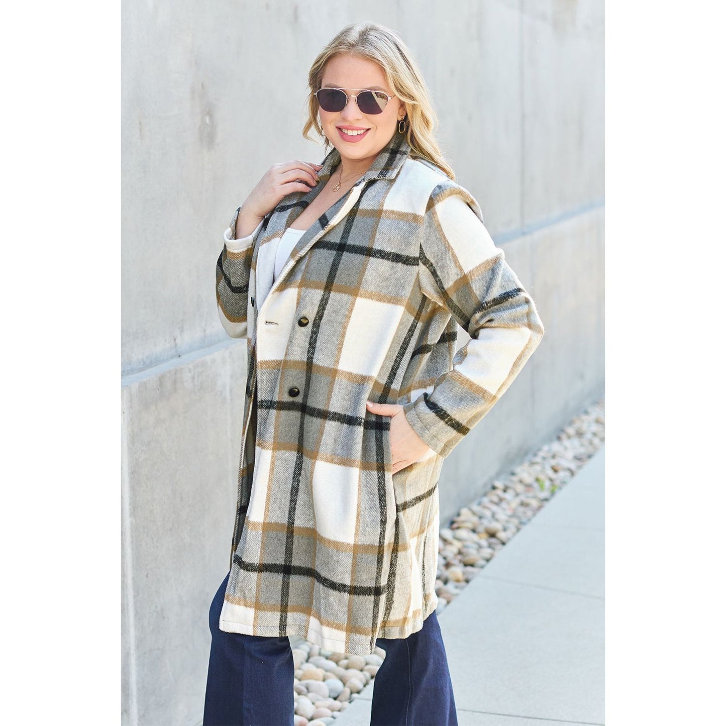 Double Take Full Size Plaid Button Up Lapel Collar Coat