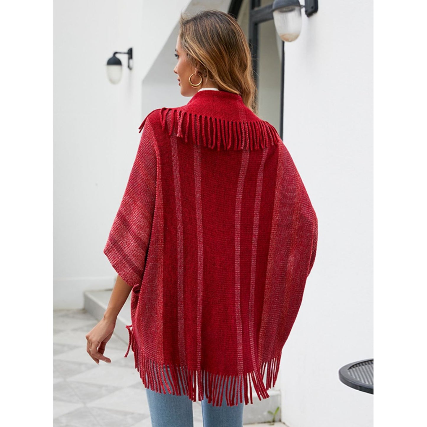 Fringe Detail Open Front Poncho