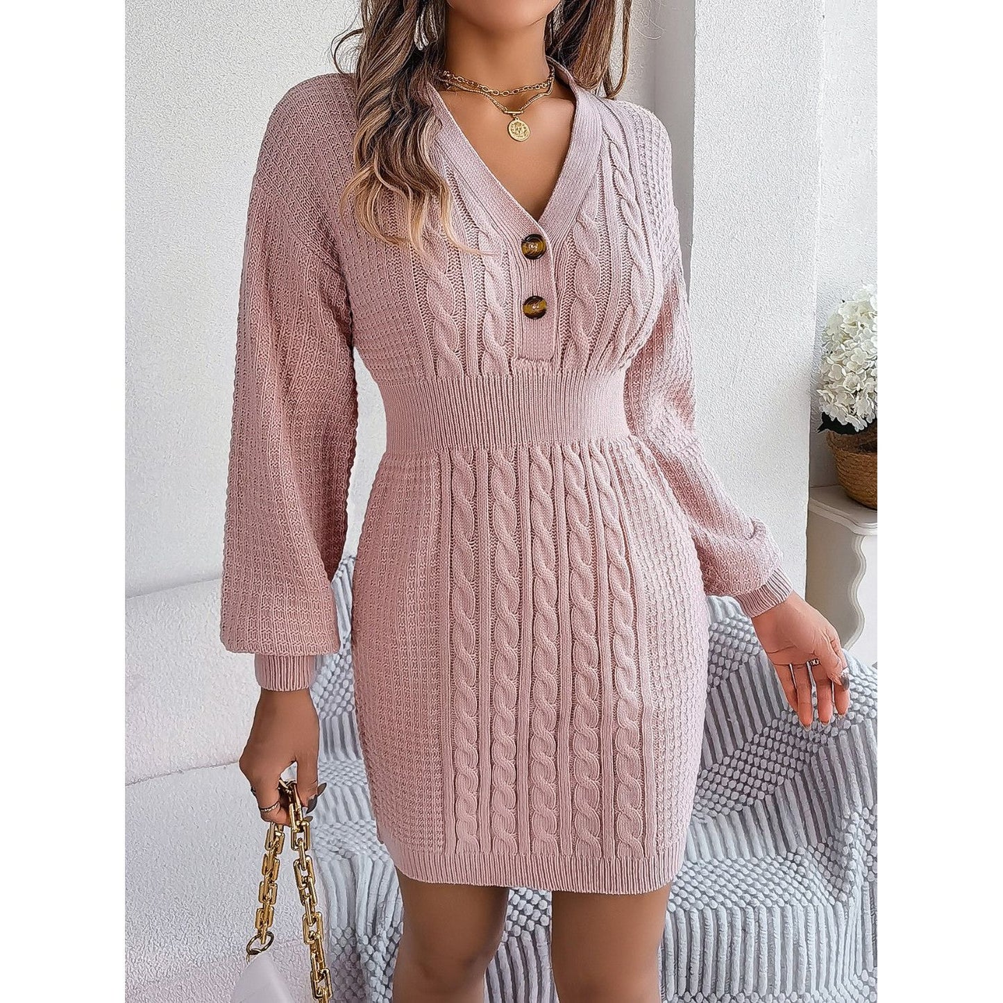 Buttoned Cable-Knit V-Neck Sweater Dress