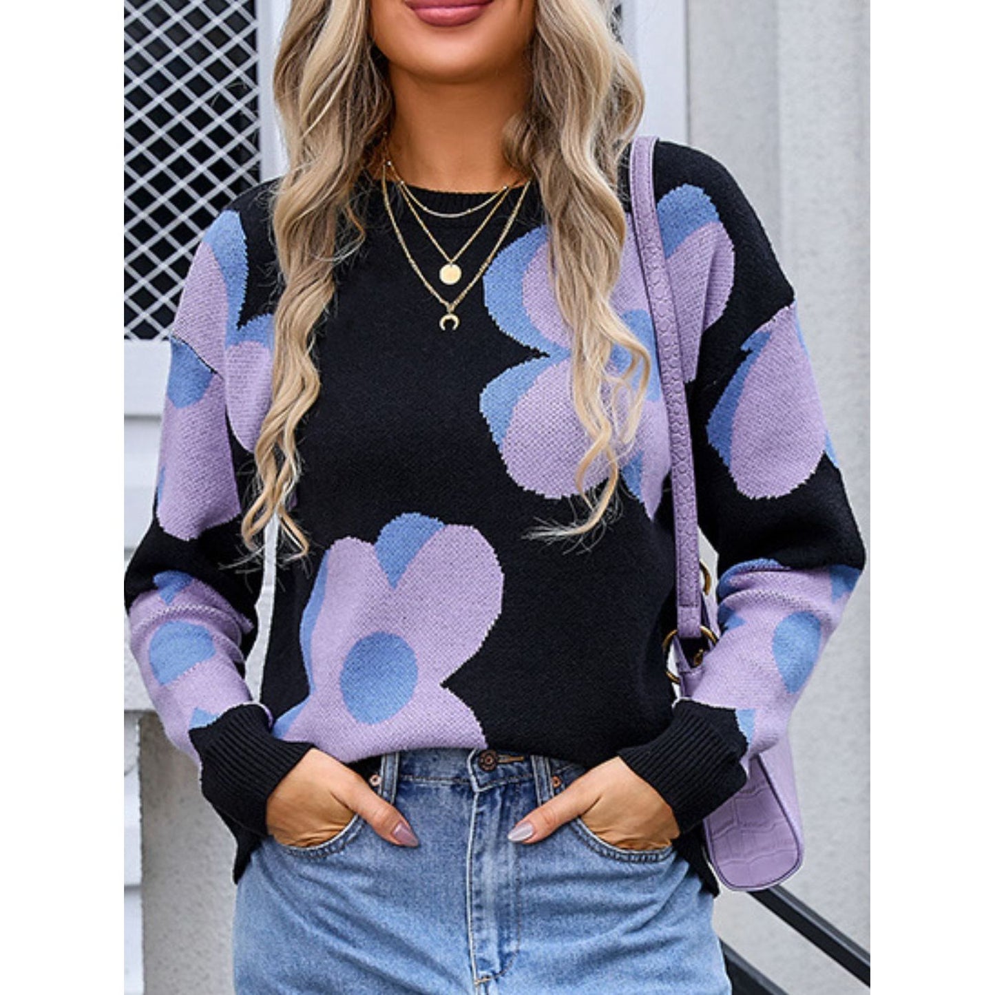 Angel Wings Flower Round Neck Long Sleeve Sweater