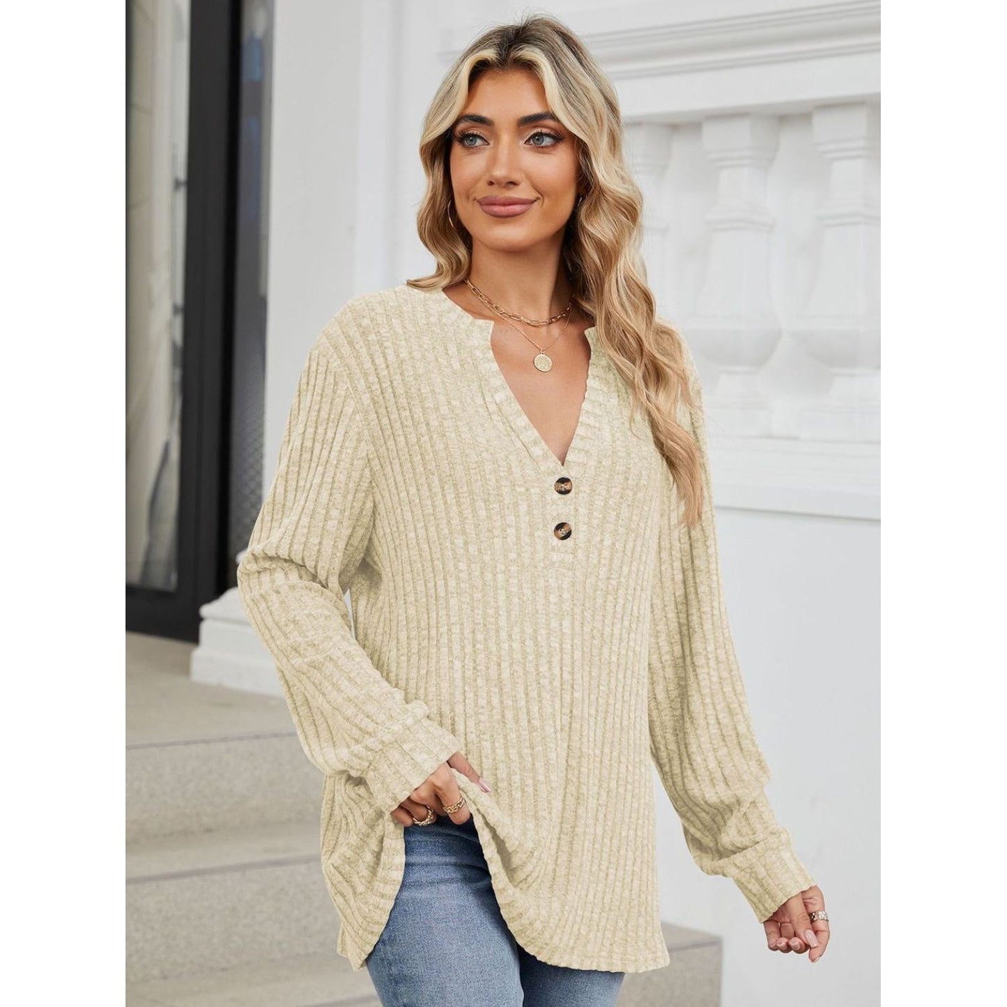 Ribbed Notched Long Sleeve T-Shirt