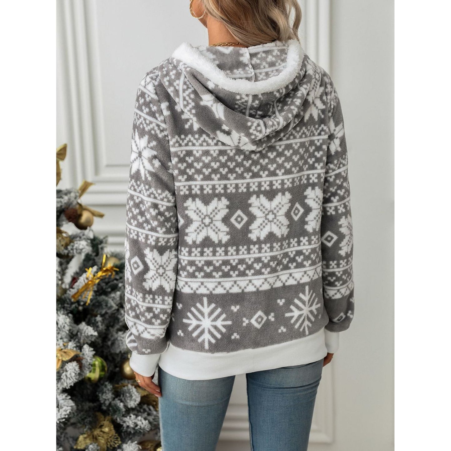 Drawstring Snowflake Zip Up Hooded Outerwear