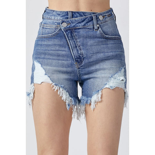 RISEN Raw Hem Asymmetrical Waist Denim Shorts