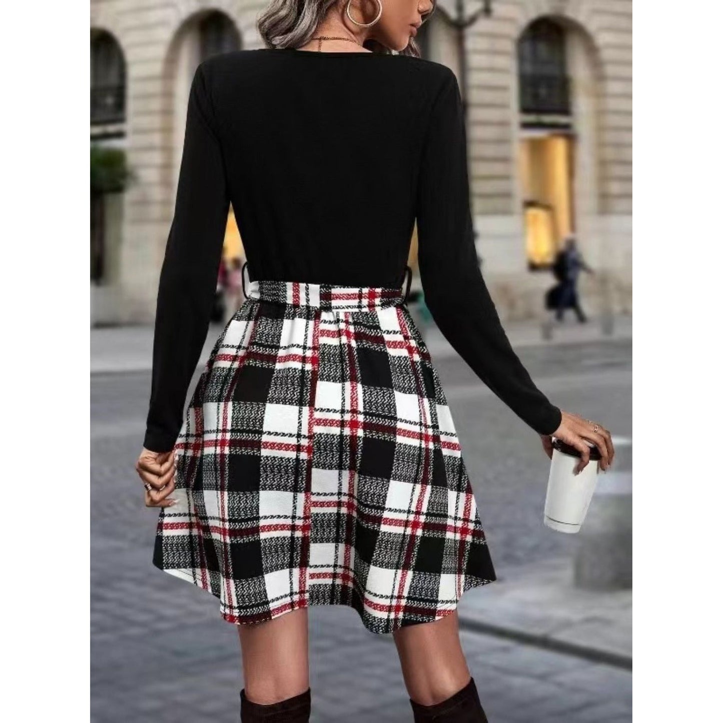 Tied Plaid Round Neck Long Sleeve Dress