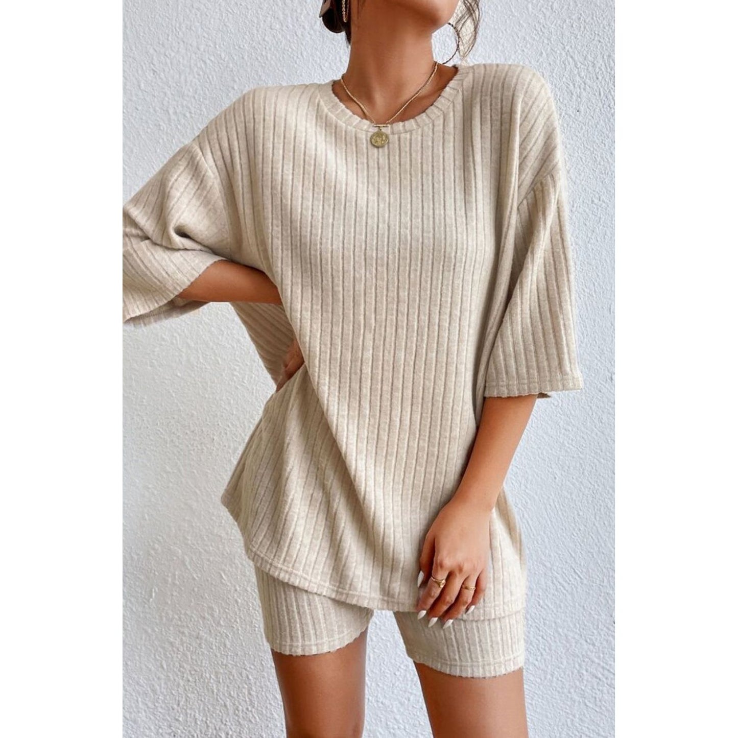 Round Neck Ribbed Top and Shorts Lounge Set