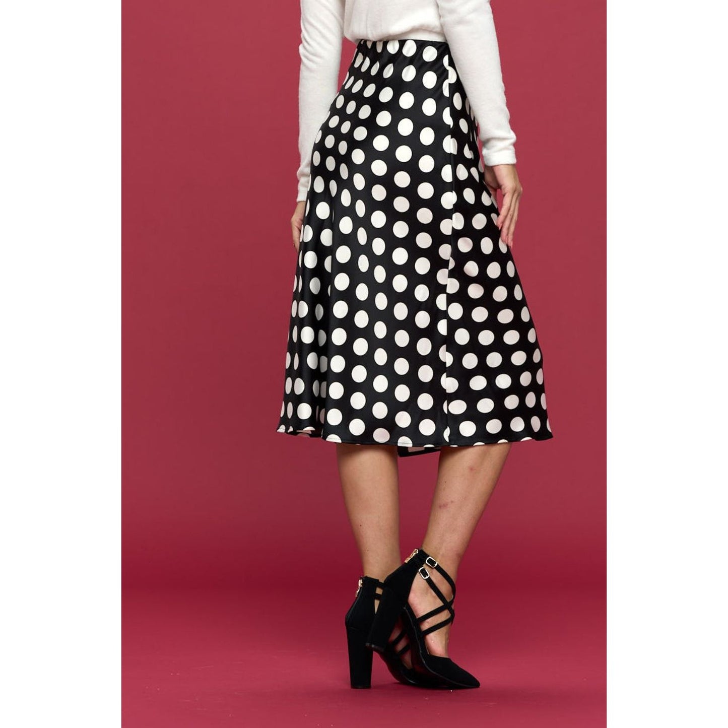 RENEE C Polka Dot Satin Midi Skirt