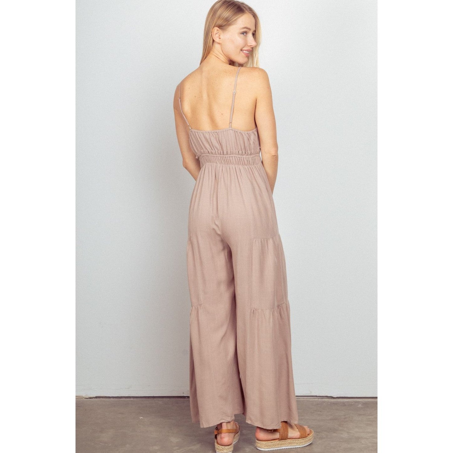 VERY J Sleeveless Ruched Wide Leg Jumpsuit