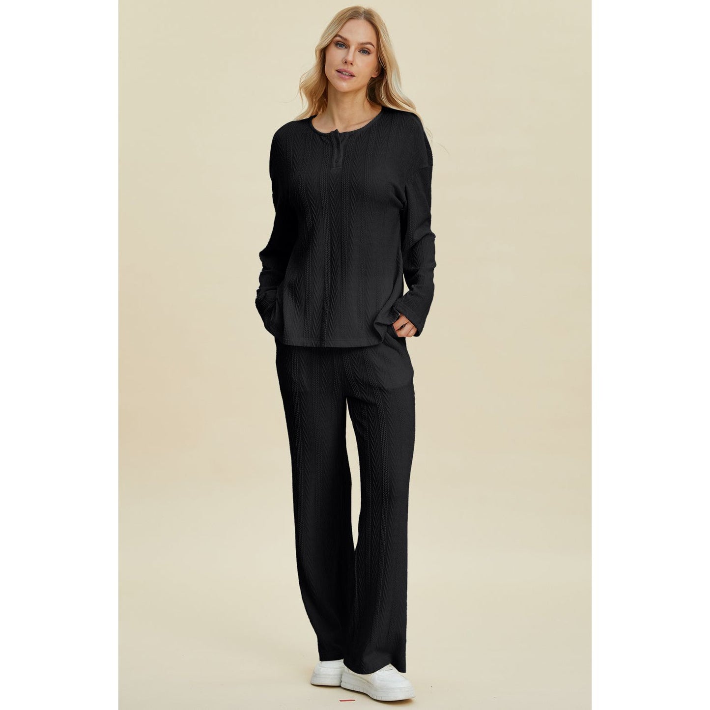 Double Take Full Size Cable-Knit Long Sleeve Top and Pants Set