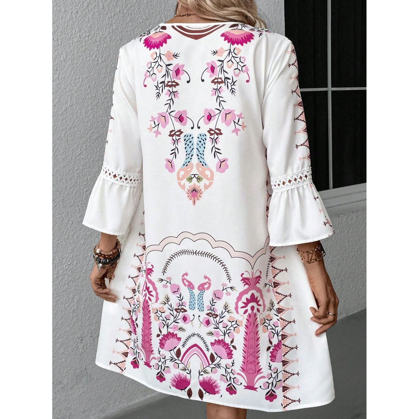 Lace Detail Printed Three-Quarter Sleeve Dress