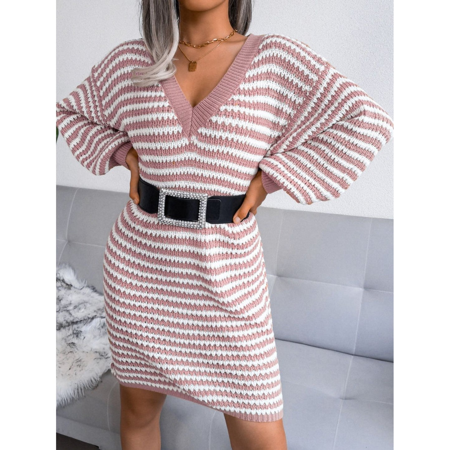 Striped V-Neck Long Sleeve Mini Sweater Dress