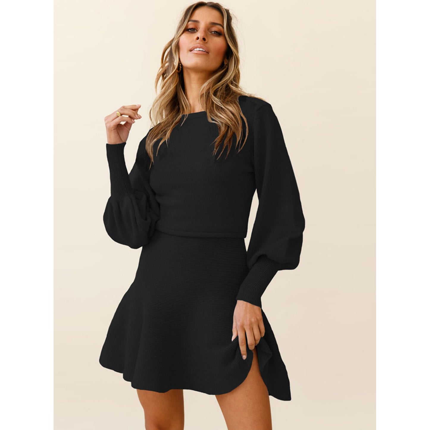 Round Neck Lantern Sleeve Sweater Dress