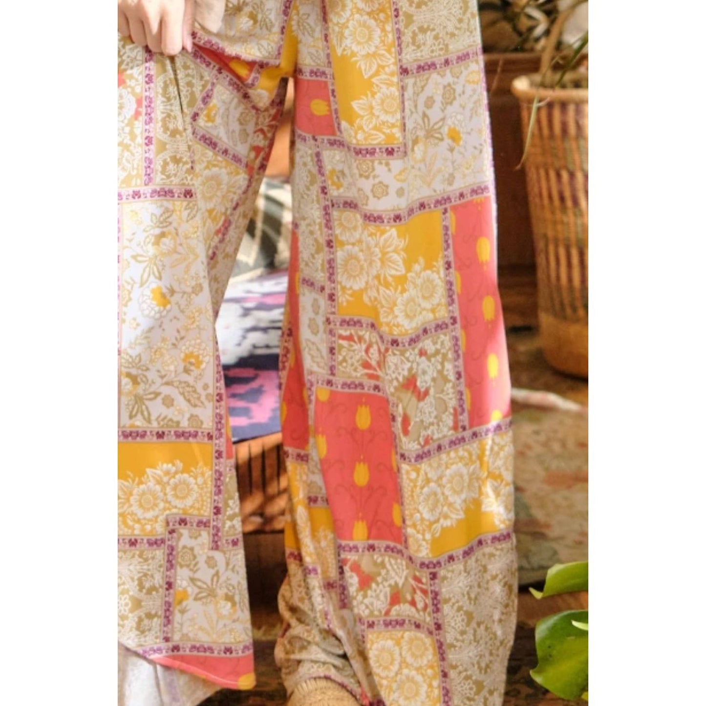 And The Why Printed Smocking Waist Side Slit Wide Leg Pants