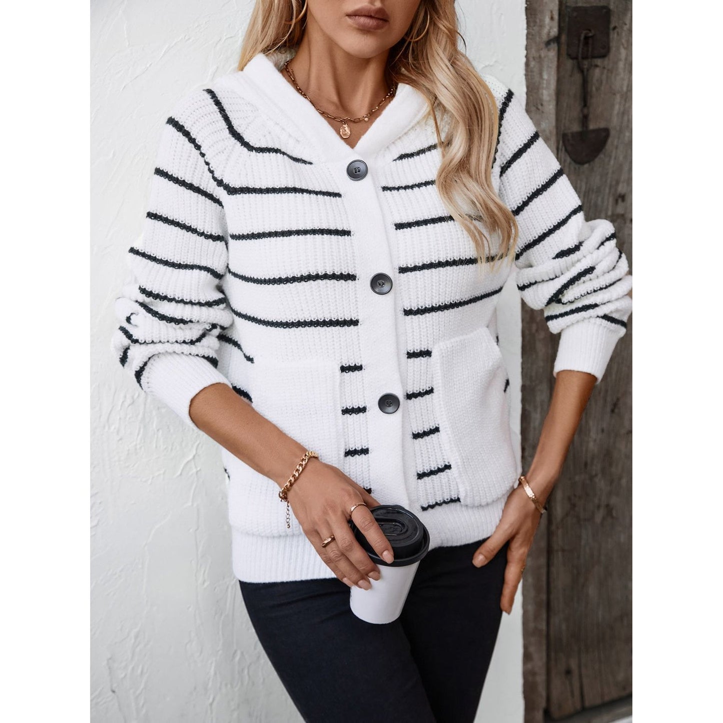 Striped Button Up Long Sleeve Hooded Cardigan