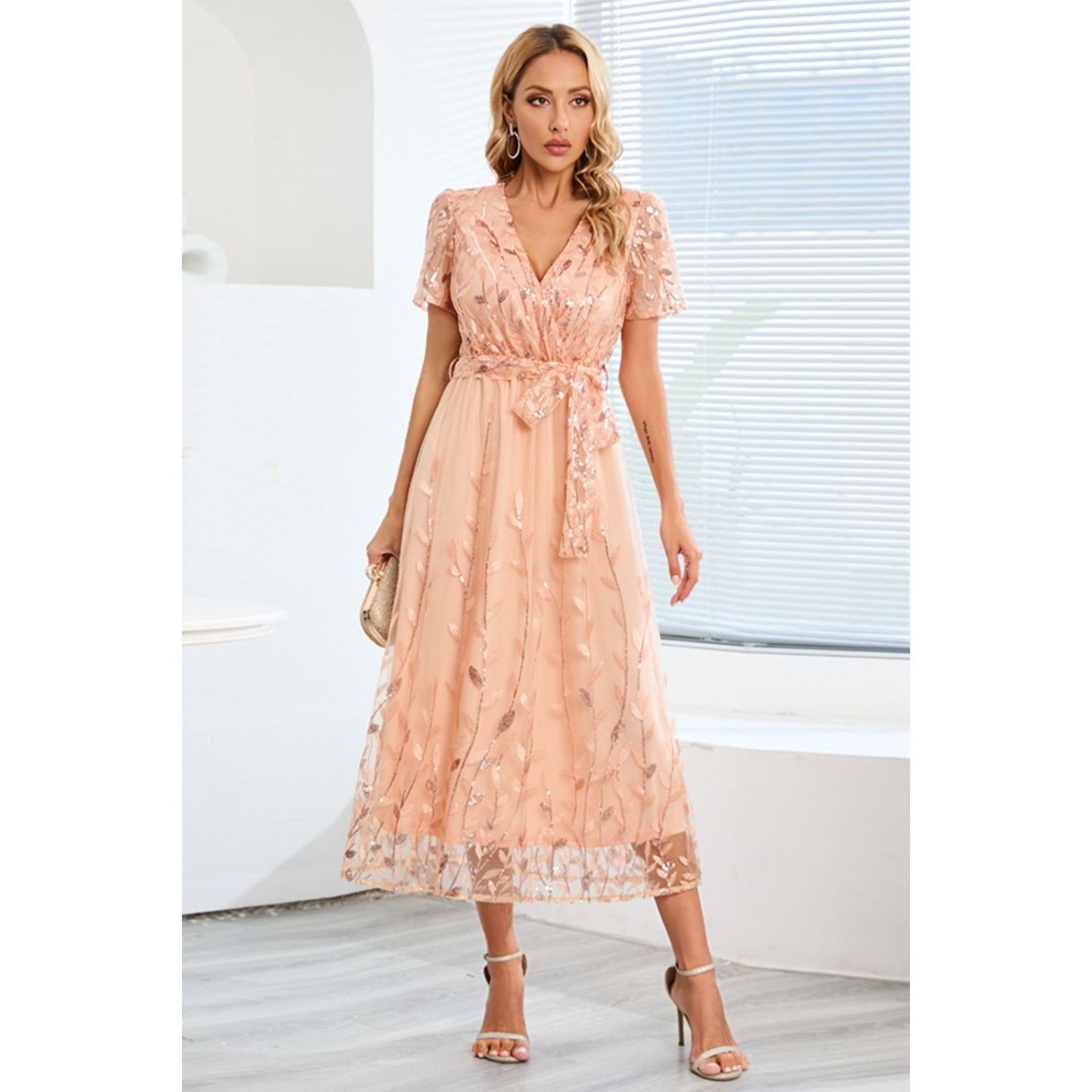 Sequin Leaf Embroidery Tie Front Short Sleeve Dress