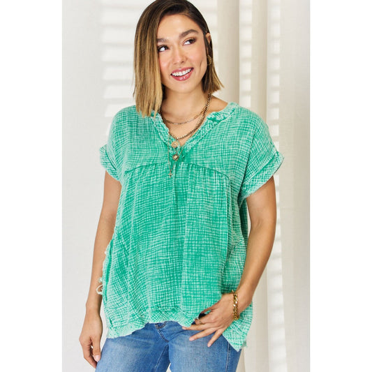 Zenana Washed Raw Hem Short Sleeve Blouse with Pockets