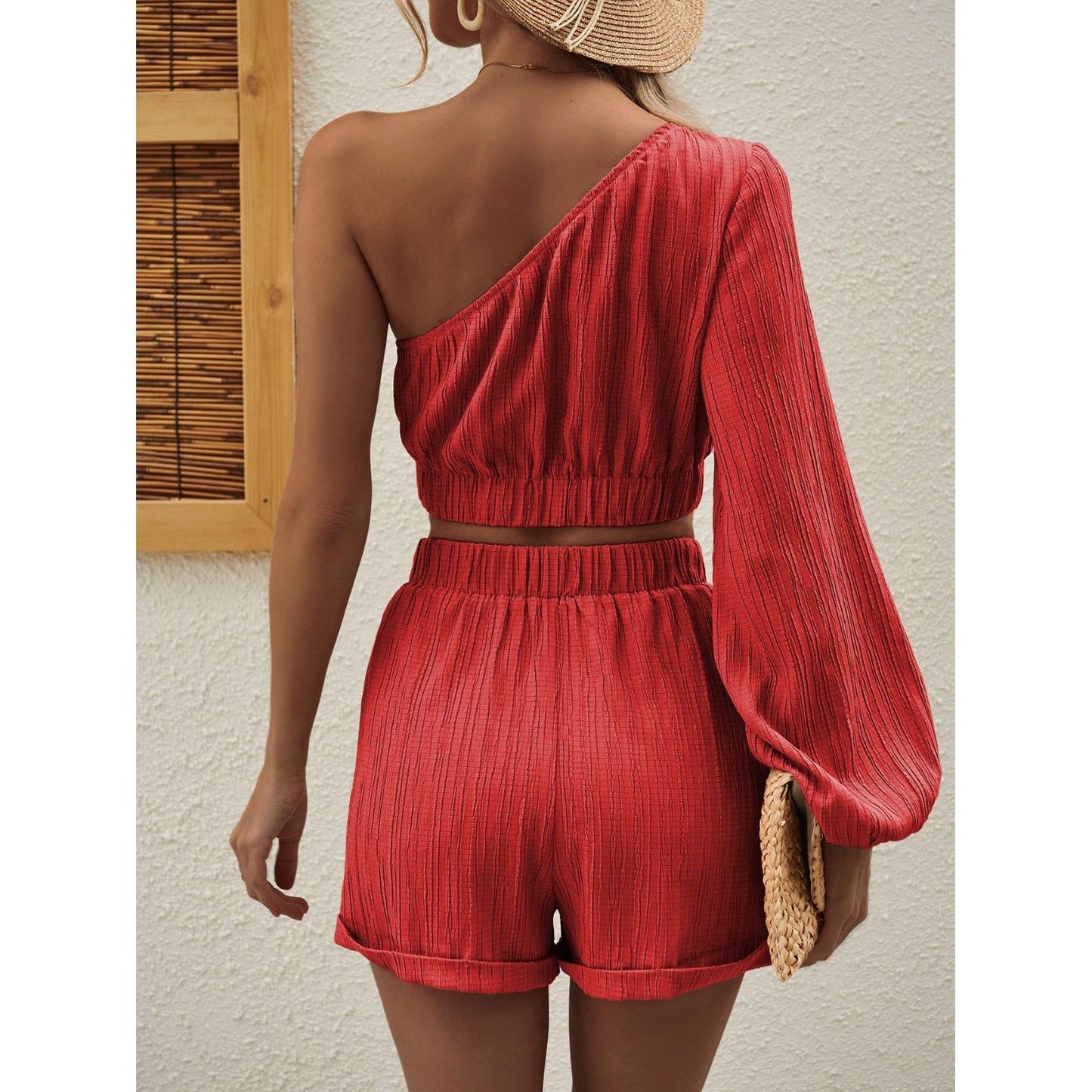 Honey One Shoulder Long Sleeve Top and Shorts Set