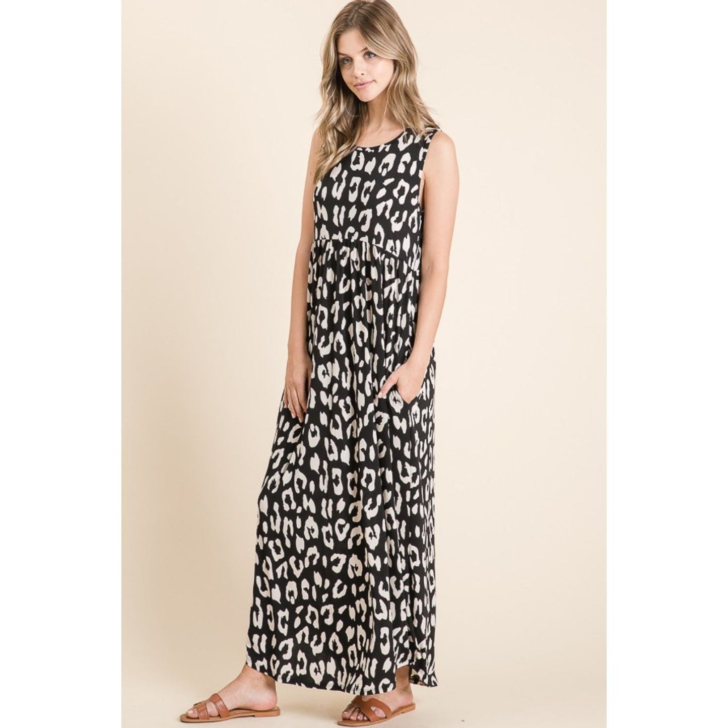 BOMBOM Leopard Maxi Dress with Pockets