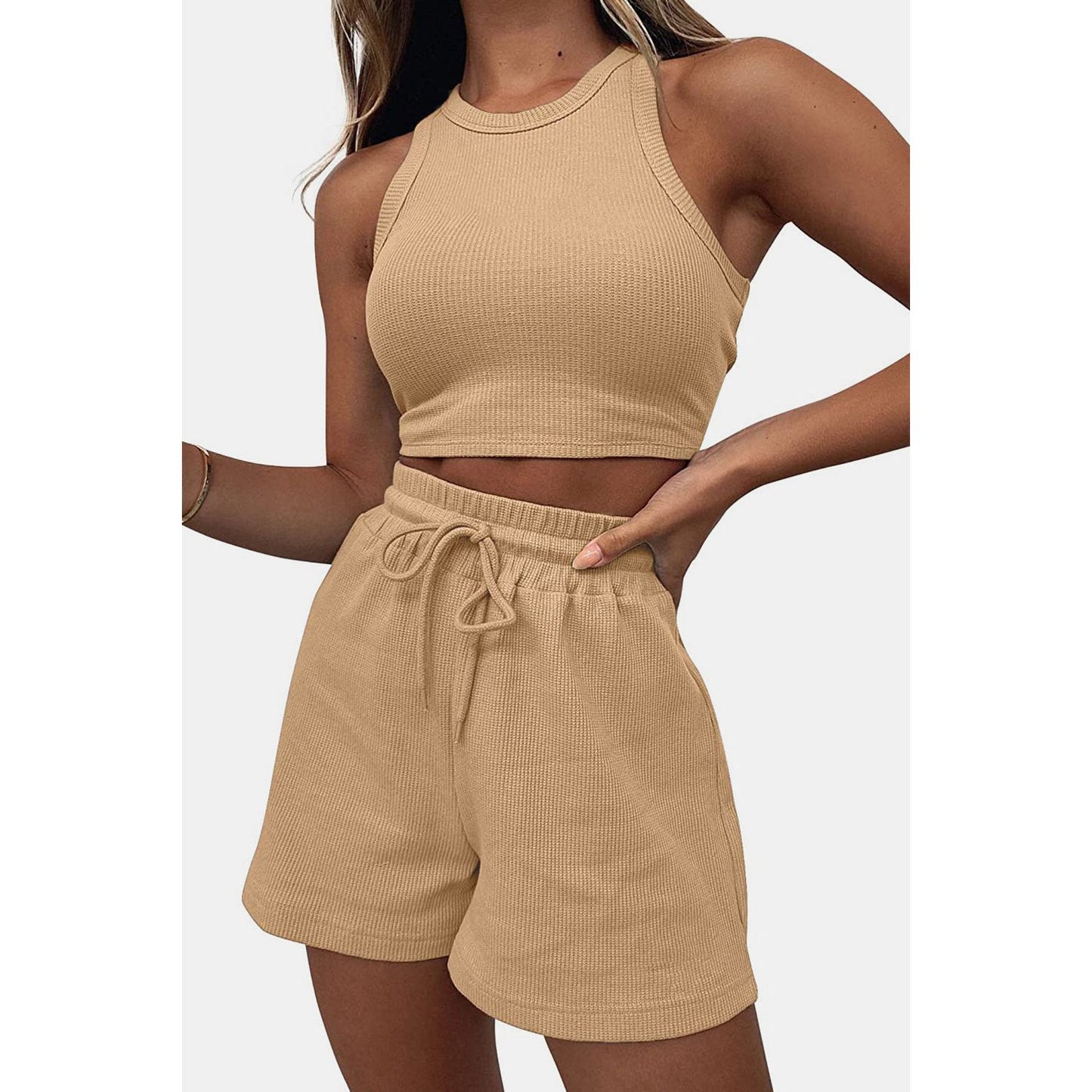 Round Neck Top and Drawstring Shorts Set