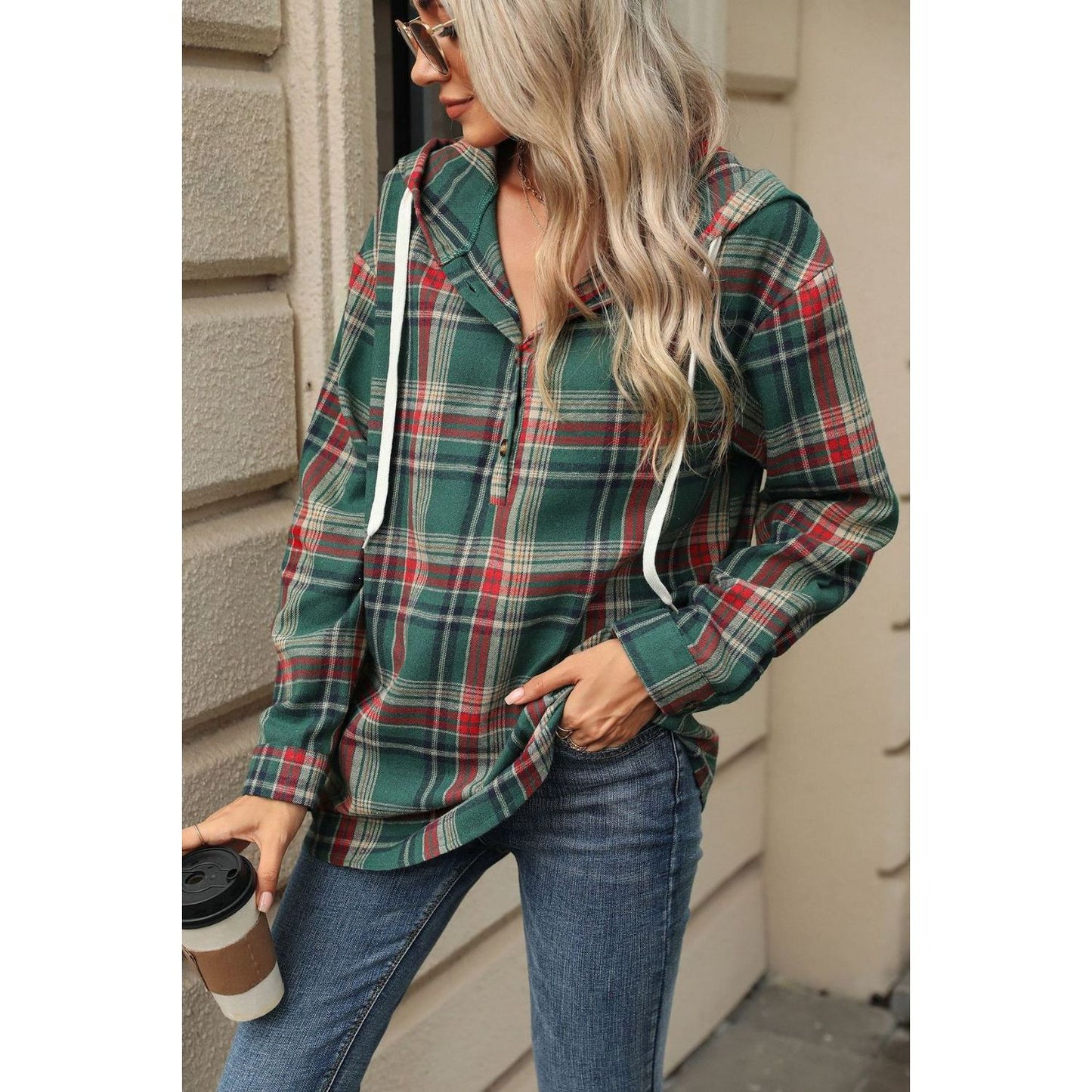 Drawstring Plaid Hooded Long Sleeve Top