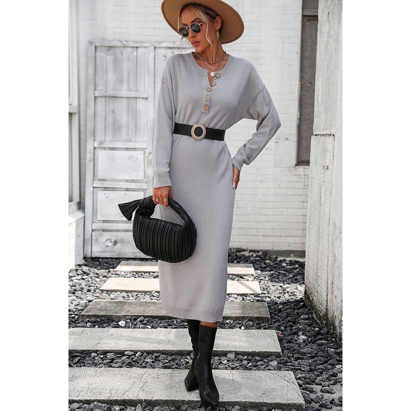 Decorative Button Notched Dropped Shoulder Sweater Dress