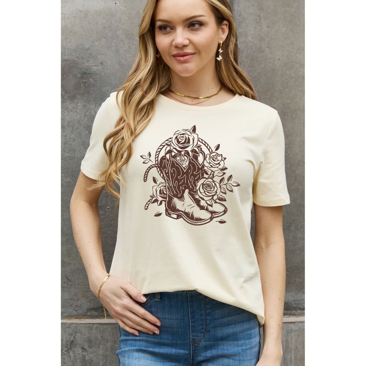 Simply Love Full Size Cowboy Boots Flower Graphic Cotton Tee