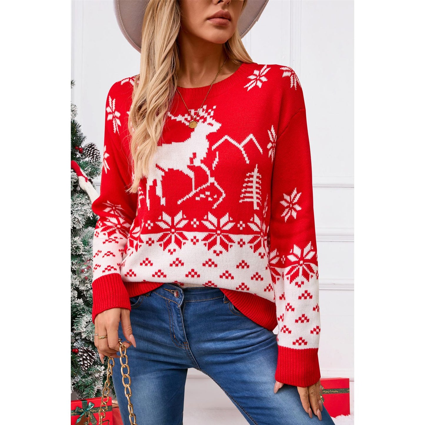 Angel Wings Deer Pattern Round Neck Long Sleeve Sweater