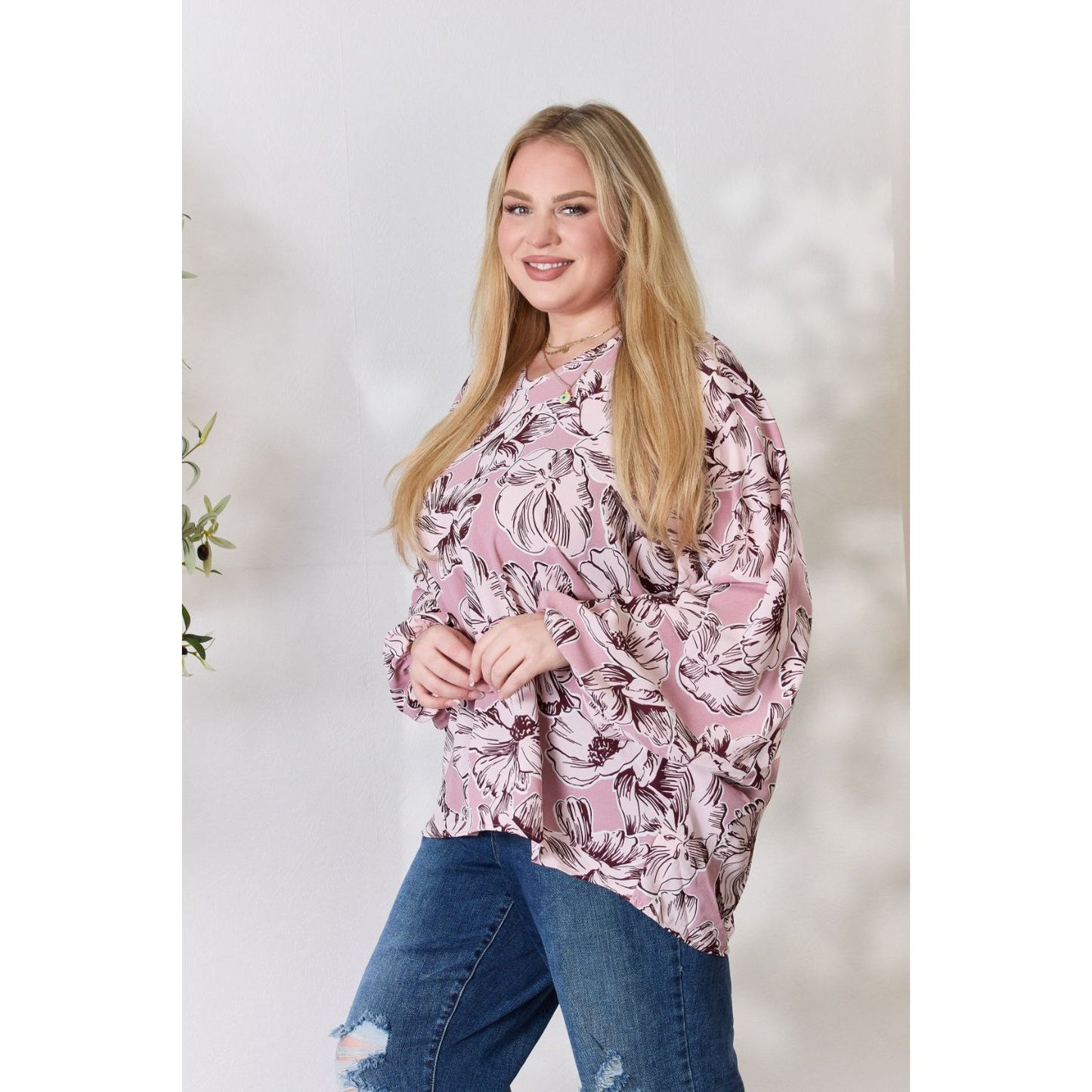 Heimish Full Size Floral V-Neck Balloon Sleeve Blouse