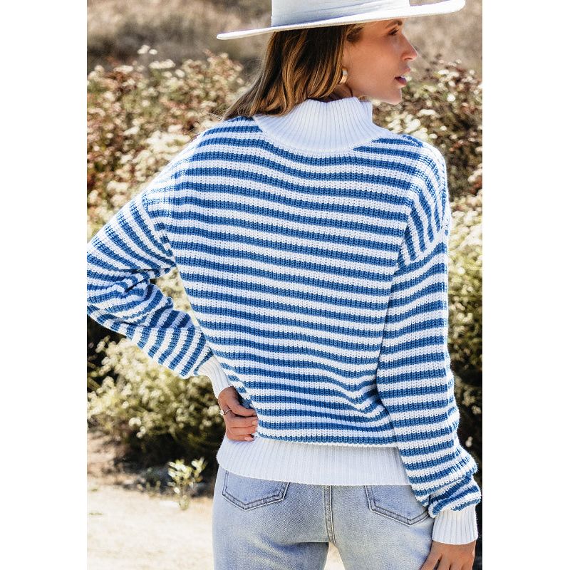 Striped Half Zip Mock Neck Long Sleeve Sweater