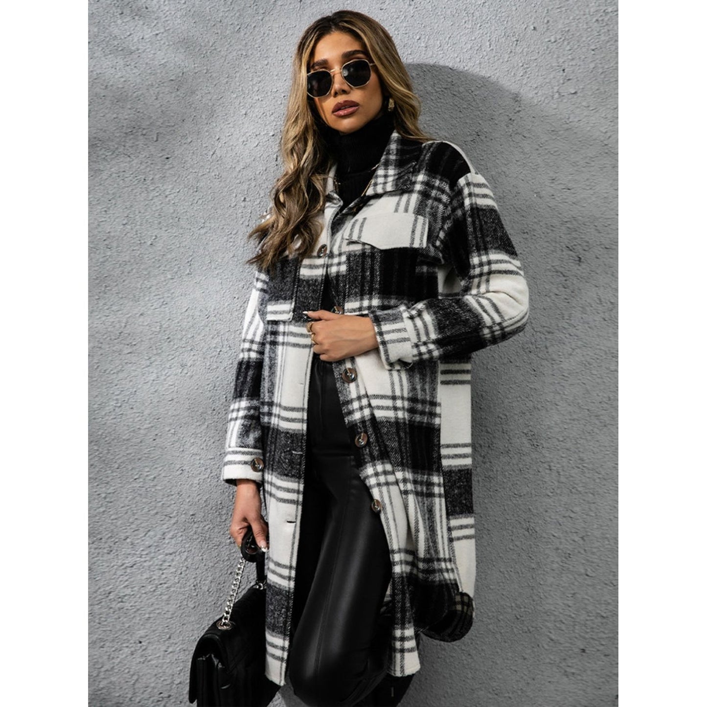 Plaid Collared Neck Long Sleeve Coat