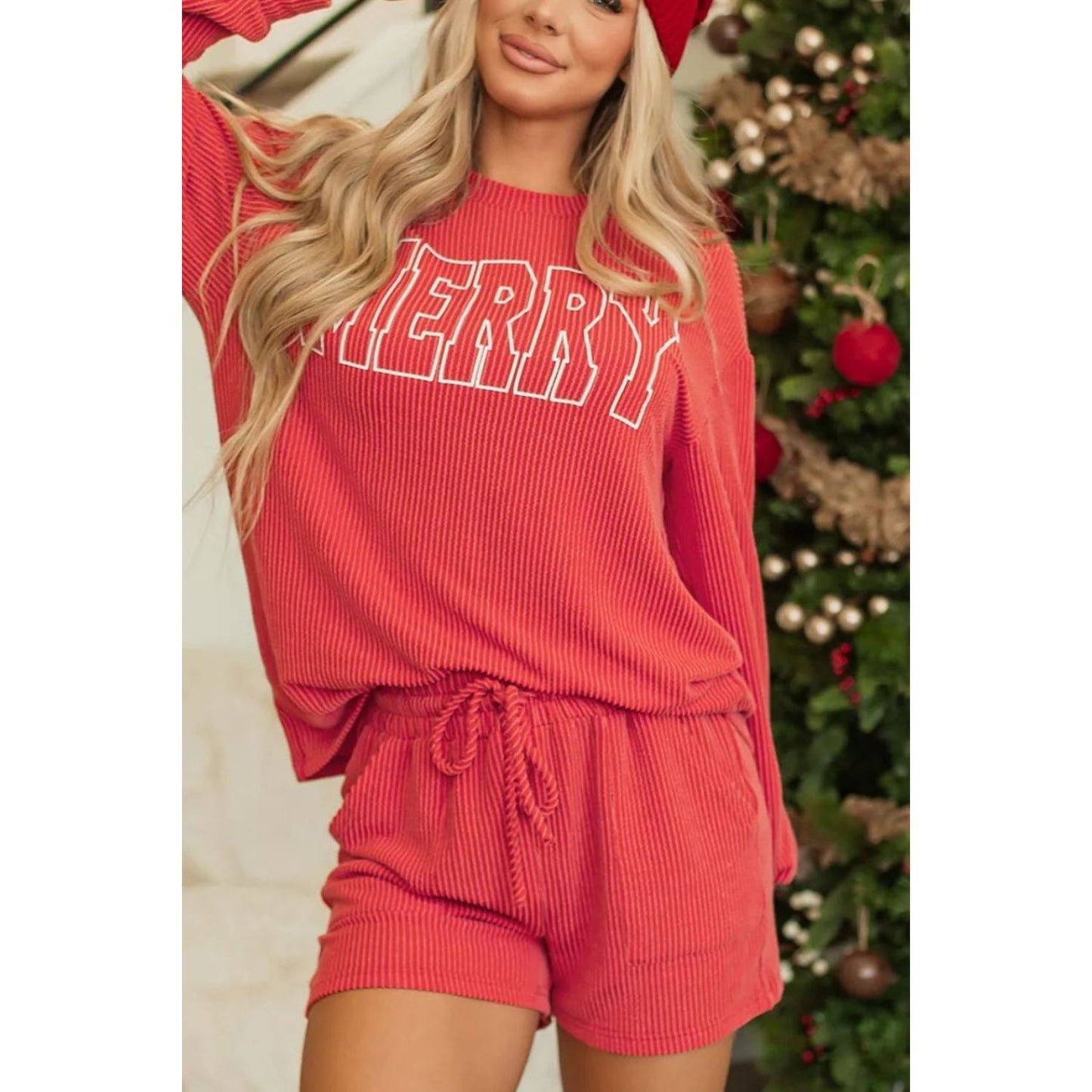 MERRY Round Neck Long Sleeve Top and Shorts Lounge Set