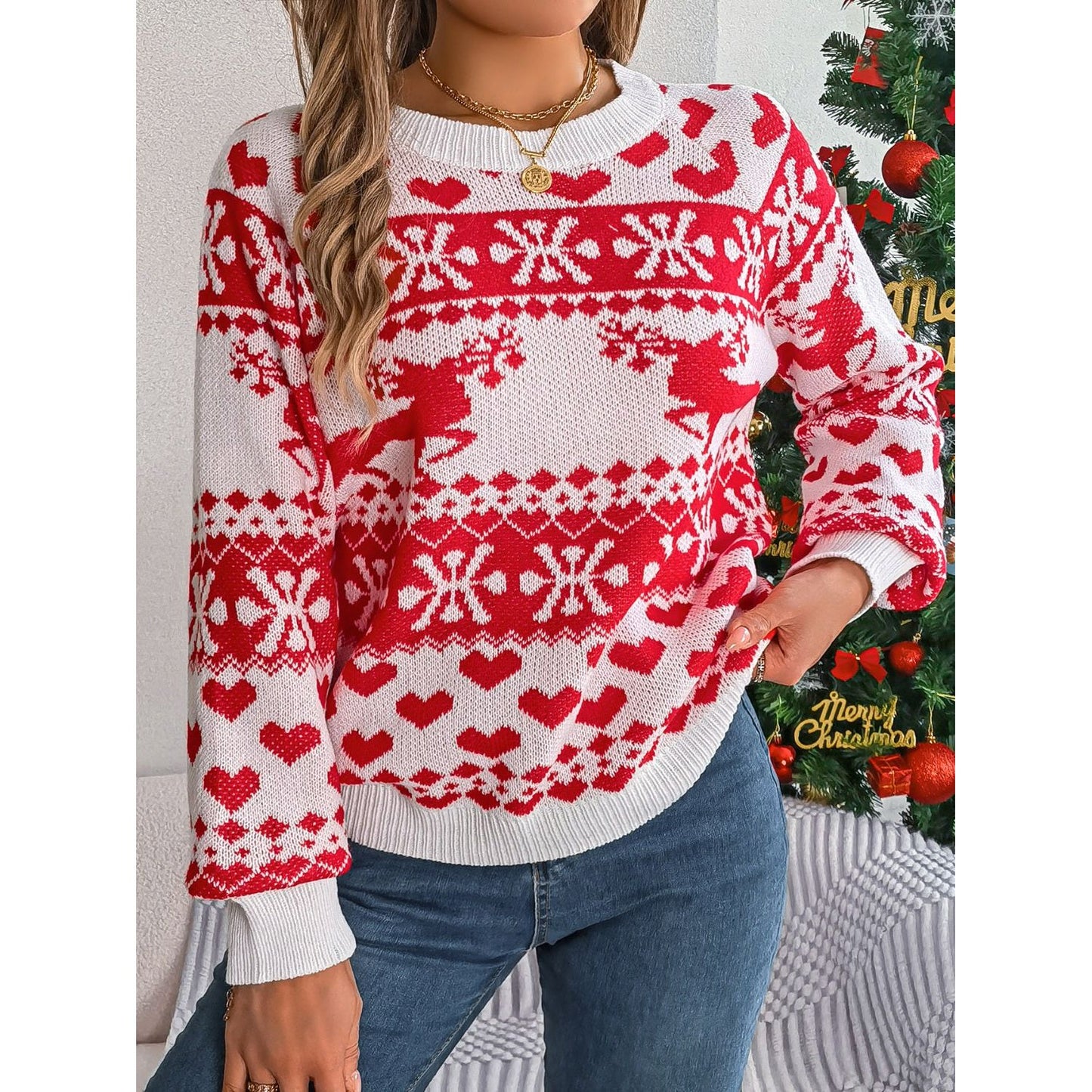 Christmas Element Round Neck Long Sleeve Sweater