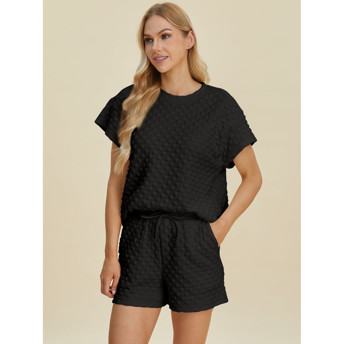 Double Take Full Size Texture T-Shirt and Shorts Set