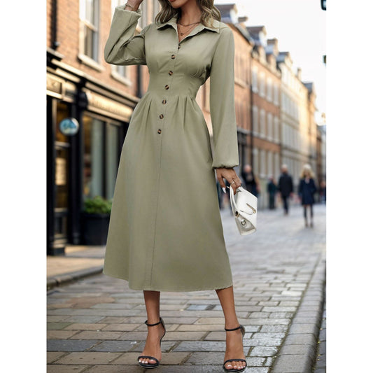 Perfee Smocked Half Button Long Sleeve Dress